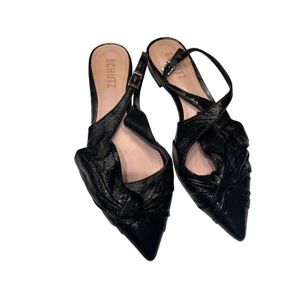 Schutz Shiny Black Leather Slingback Buckle Flats Size 7 - Picture 1 of 6